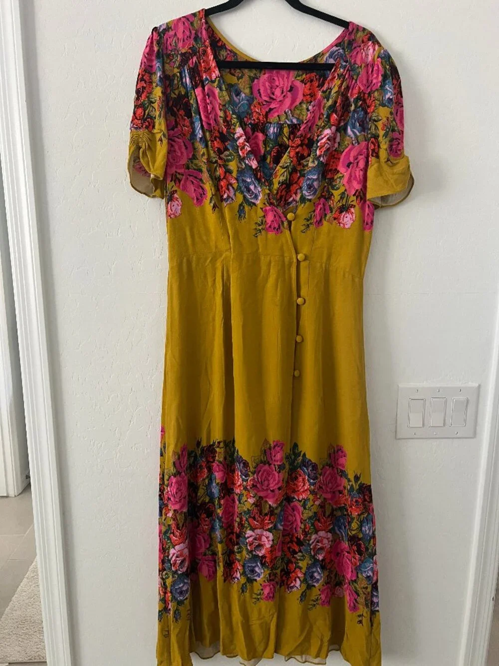 Free People Mustard Floral Midi Dress Women's M Boho Cottagecore Button Front